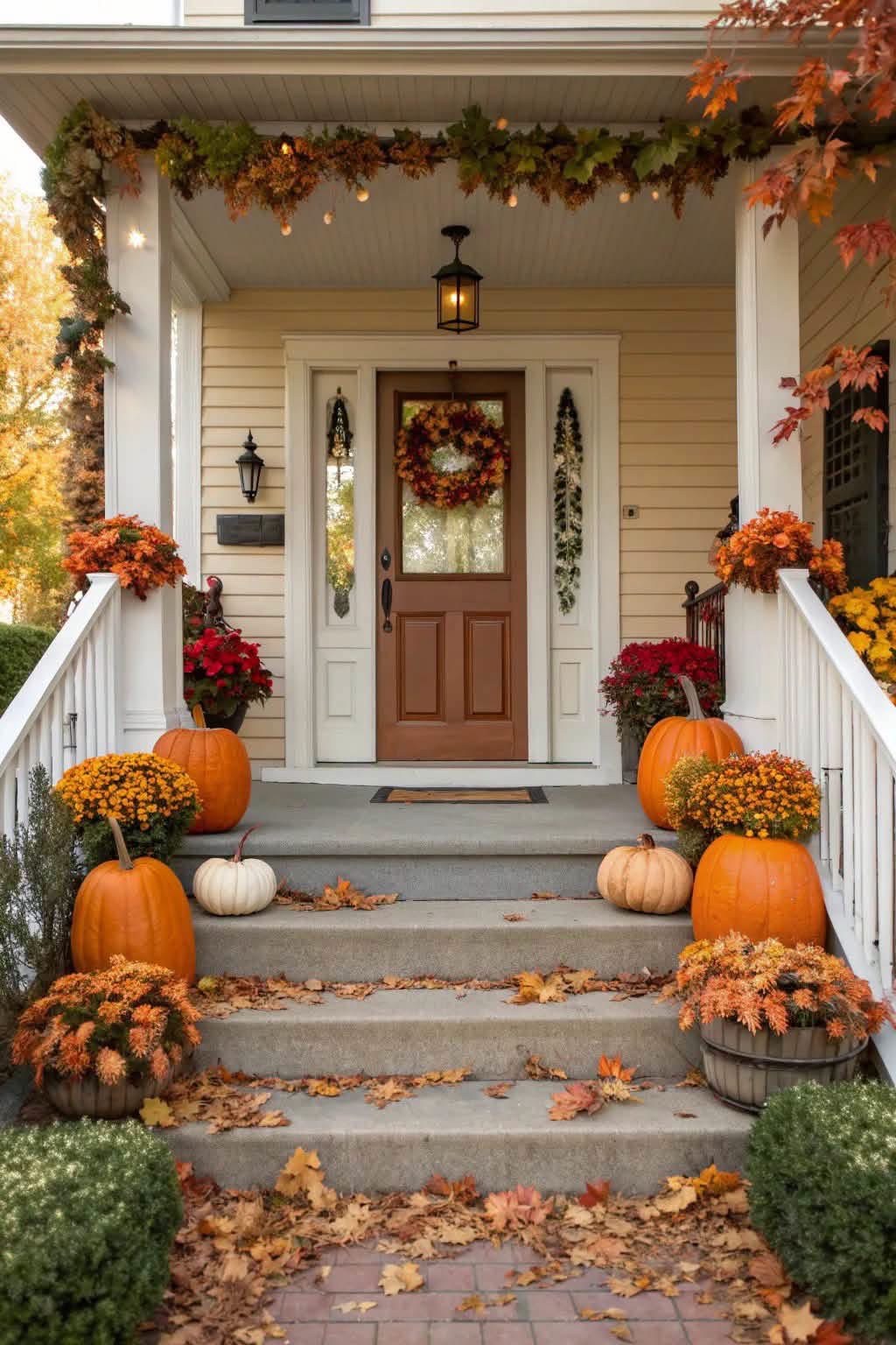 Front porch decorated with pumpkins, mums, and autumn garland