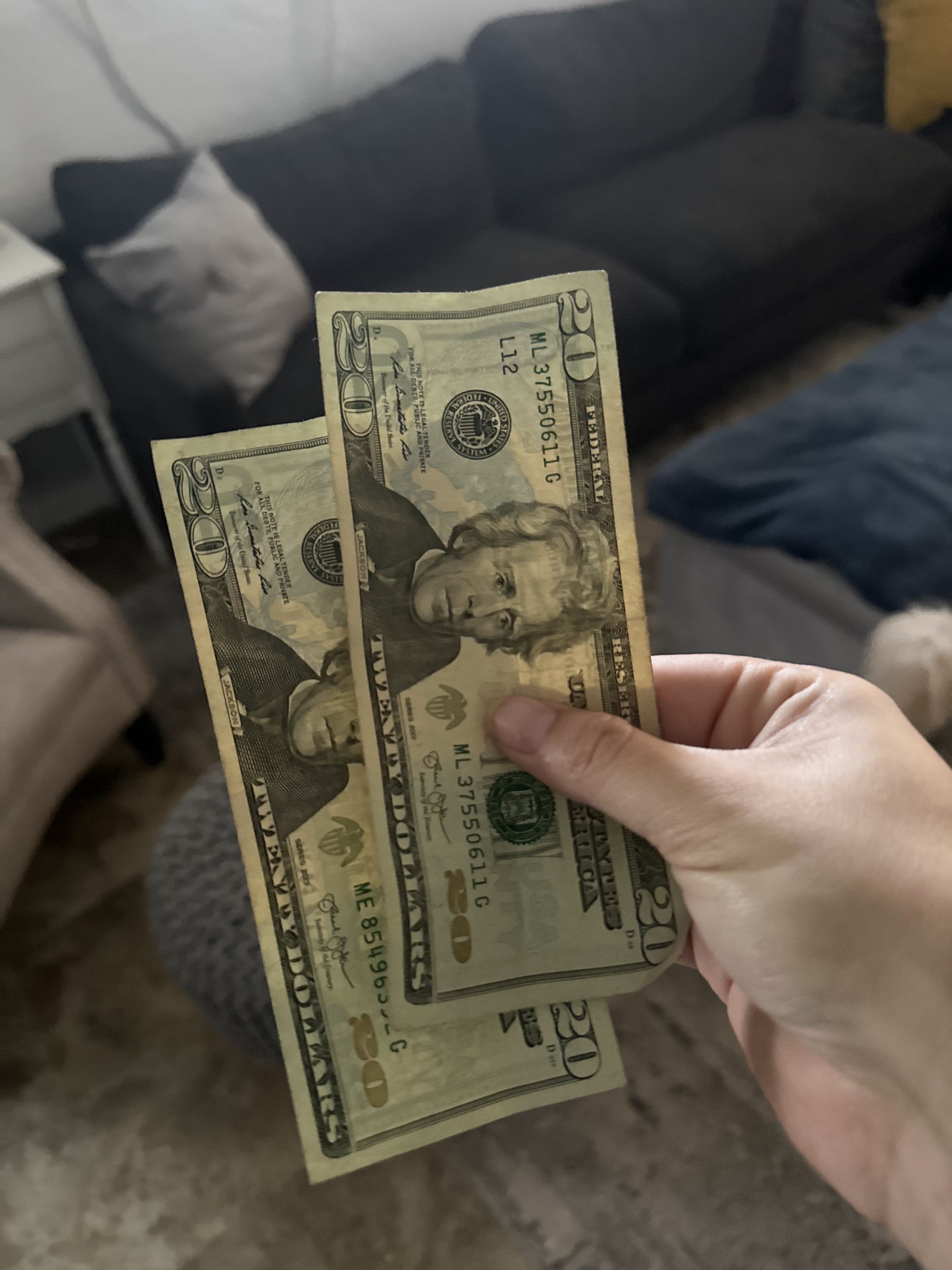 A hand holding cash from an early thrift-find flip