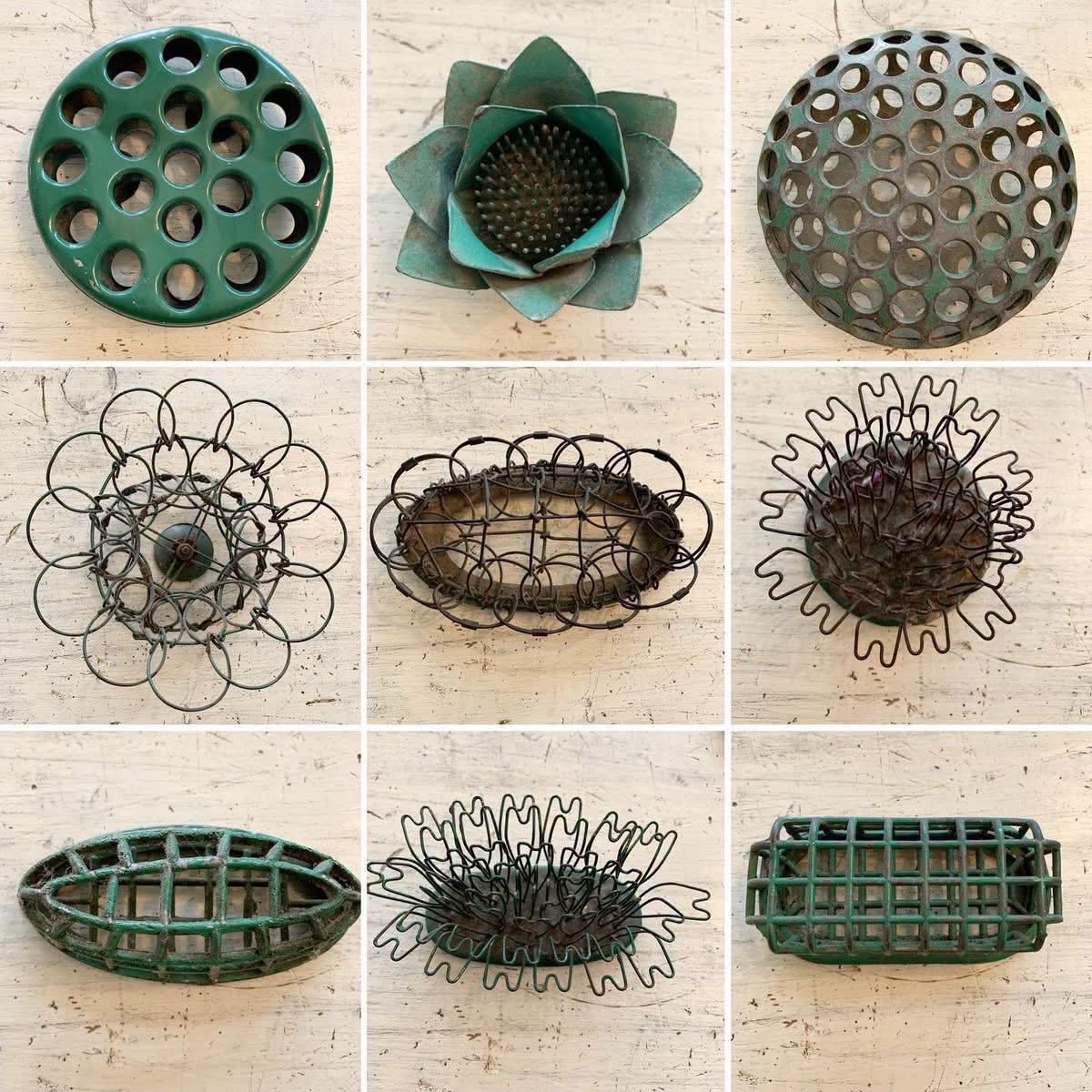 Nine different metal flower frog designs arranged in a photo collage