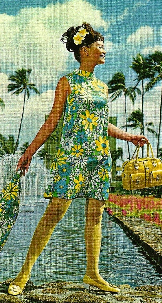 Vintage fashion photograph of a floral dress and yellow accessories