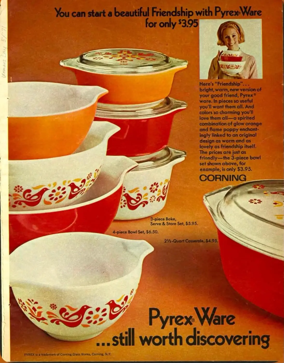 Vintage orange Pyrex Friendship advertisement